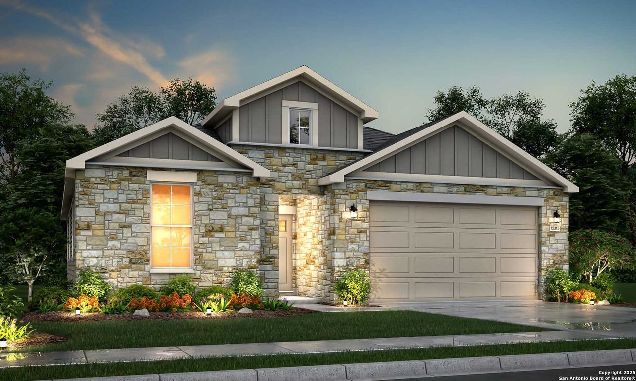 Front exterior of a new home in Skybrooke, Live Oak, TX, highlighting curb appeal (Image 2). Front exterior of a new home in Skybrooke, Live Oak, TX, highlighting curb appeal (Image 2).