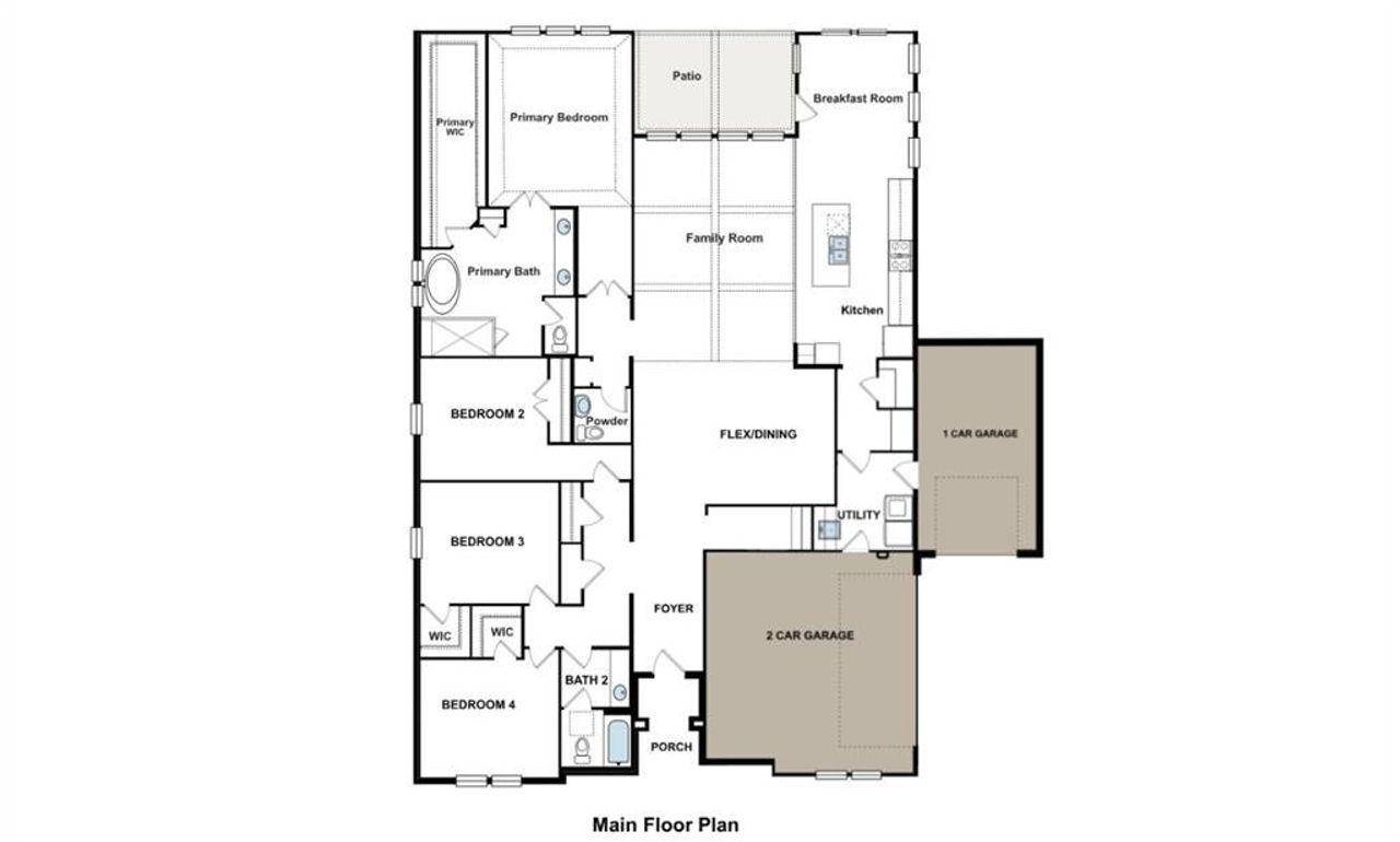 2D floor plan layout of this home in Highland Crossing, Celina, TX (Image 2).