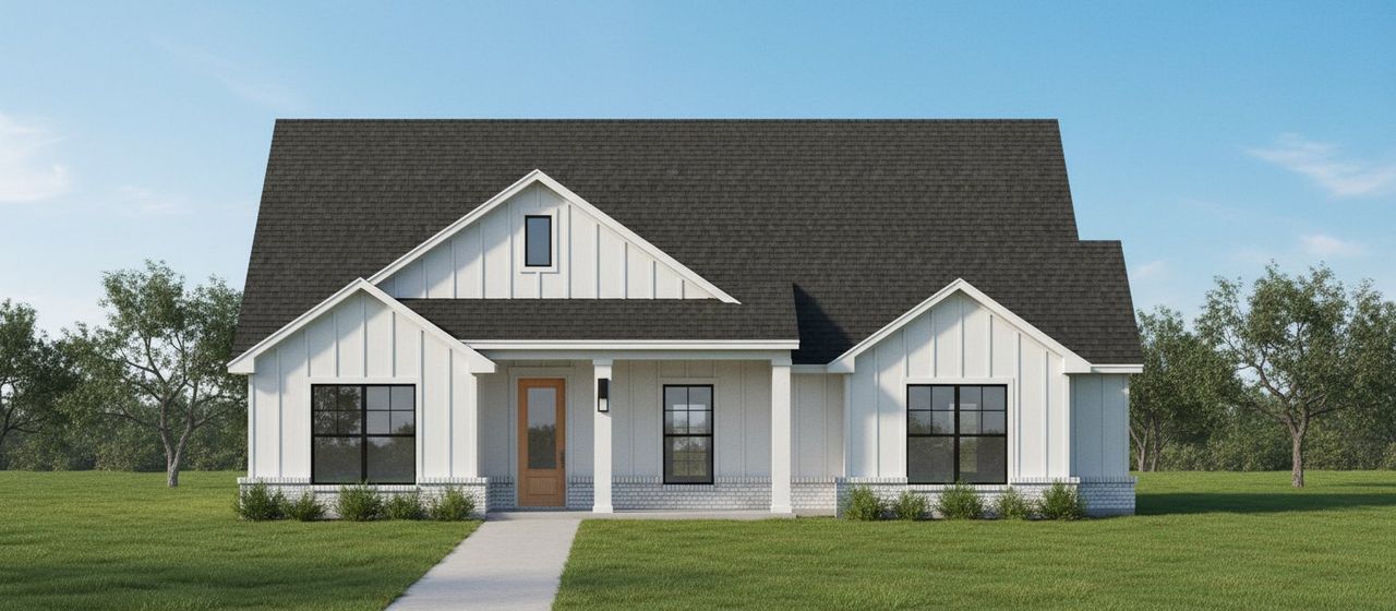 Representative exterior photo of a completed home built from the The Camellia by Kenmark Homes in Stagecoach Crossing, Bridgeport, TX (Image 2). Representative exterior photo of a completed home built from the The Camellia by Kenmark Homes in Stagecoach Crossing, Bridgeport, TX (Image 2).
