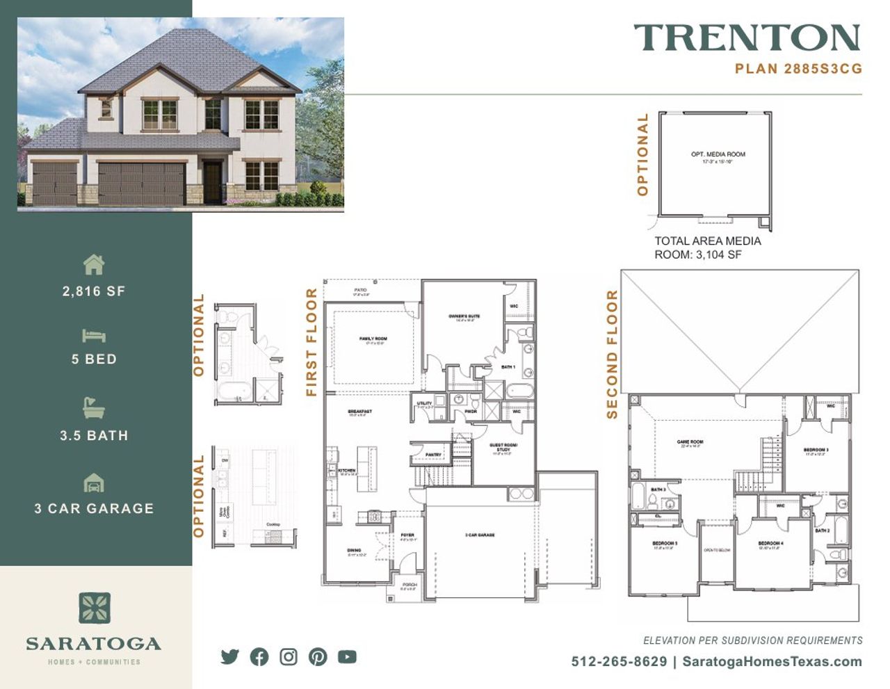 2D floor plan layout for the 2885SMR3CG by Saratoga Homes in Enclave at Cele, Pflugerville, TX (Image 2).