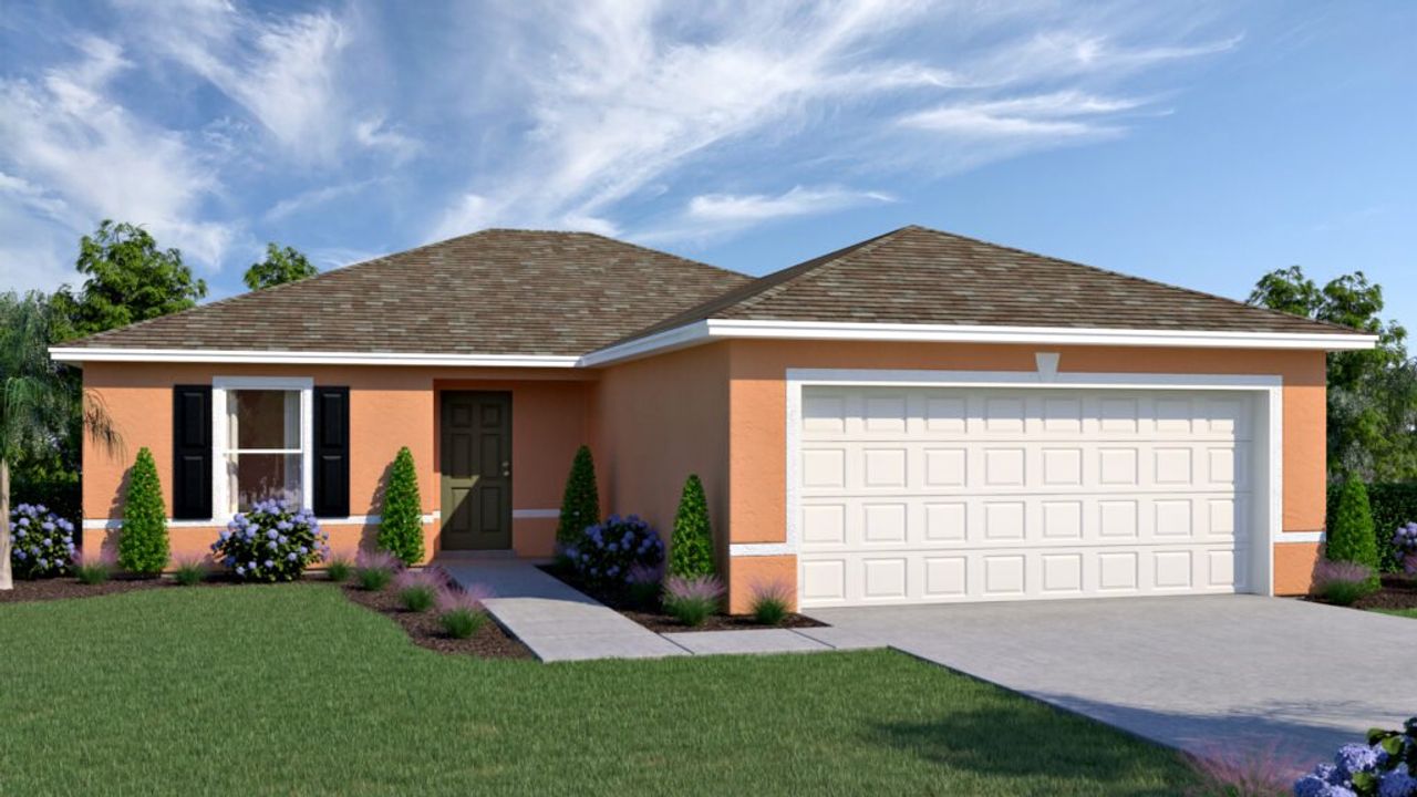 Representative exterior photo of a completed home built from the Pindo by Holiday Builders in Tillman Oaks, Wildwood, FL (Image 2). Representative exterior photo of a completed home built from the Pindo by Holiday Builders in Tillman Oaks, Wildwood, FL (Image 2).