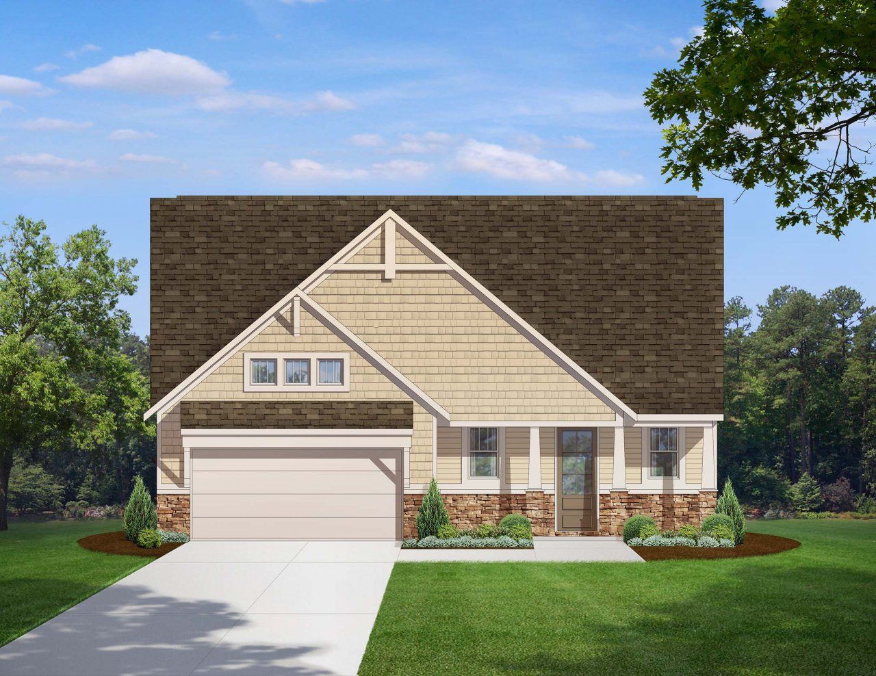 Representative exterior photo of a completed home built from the Elkin by Cimarron Homes in Fieldcrest, Mebane, NC (Image 2). Representative exterior photo of a completed home built from the Elkin by Cimarron Homes in Fieldcrest, Mebane, NC (Image 2).