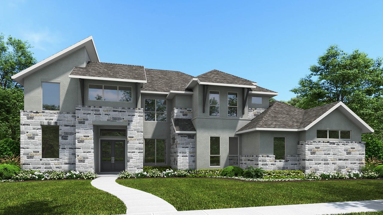 Representative exterior photo of a completed home built from the 4509A by Perry Homes in The Preserve At Elm Creek 1 Acre, New Braunfels, TX (Image 2).