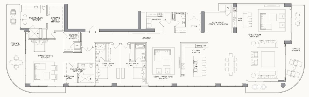 2D floor plan layout for the Penthouse One East Tower by Kolter Urban in Selene Oceanfront Residences, Fort Lauderdale, FL (Image 2).