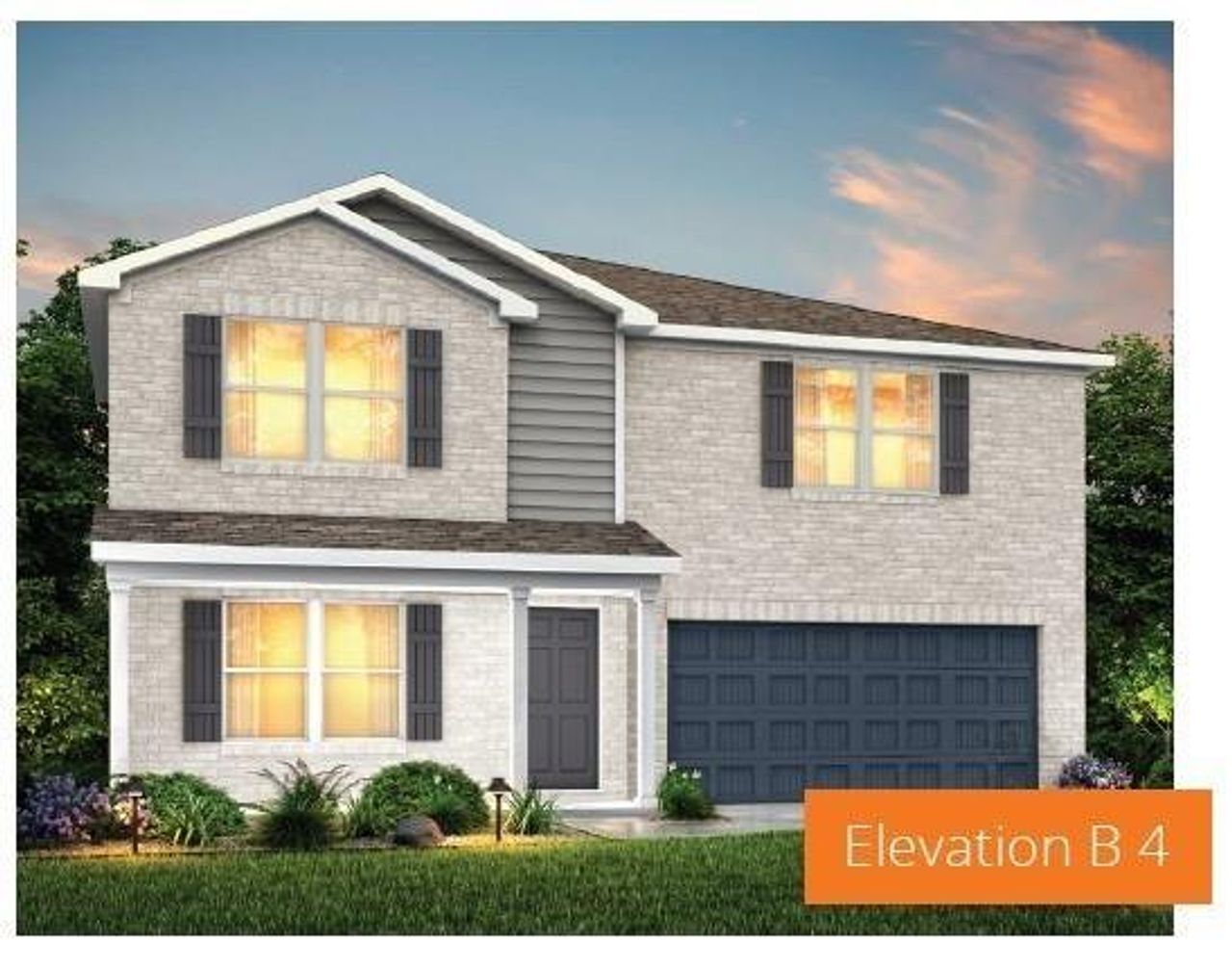 View of front of house featuring an attached garage, brick siding, driveway, and a front yard