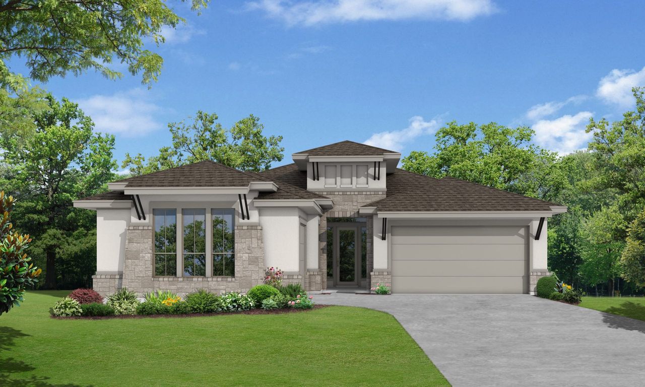 Representative exterior photo of a completed home built from the Teramo by Sitterle Homes in El Sonido at Campanas, San Antonio, TX (Image 2). Representative exterior photo of a completed home built from the Teramo by Sitterle Homes in El Sonido at Campanas, San Antonio, TX (Image 2).