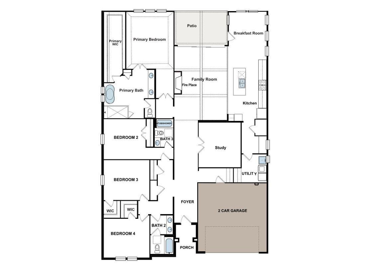 Explore this thoughtfully designed floor plan featuring a spacious family room, a dedicated study, and a convenient two-car garage.