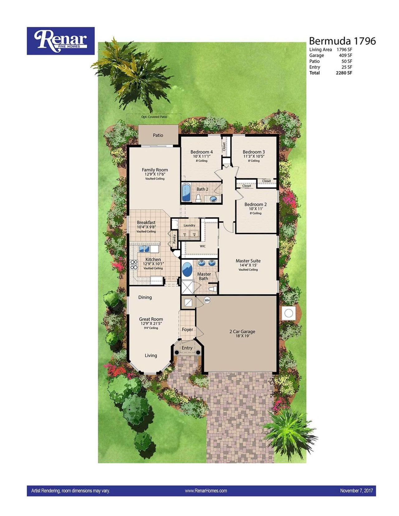 2D floor plan layout for the Bermuda 1796 by Renar Homes in Morningside, Fort Pierce, FL (Image 2).