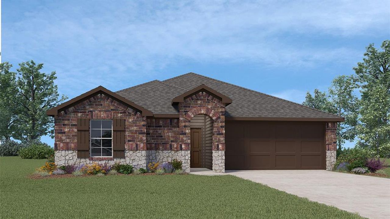 Front exterior of a new home in Cartwright Ranch, Crandall, TX, highlighting curb appeal (Image 2). Front exterior of a new home in Cartwright Ranch, Crandall, TX, highlighting curb appeal (Image 2).