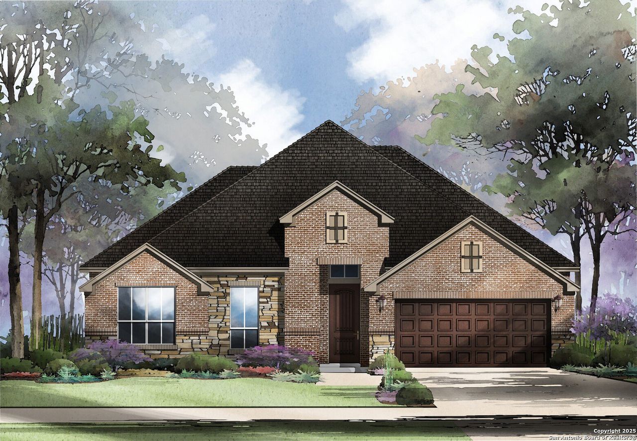 Front exterior of a new home in Kinder Ranch 70's, San Antonio, TX, highlighting curb appeal (Image 2). Front exterior of a new home in Kinder Ranch 70's, San Antonio, TX, highlighting curb appeal (Image 2).