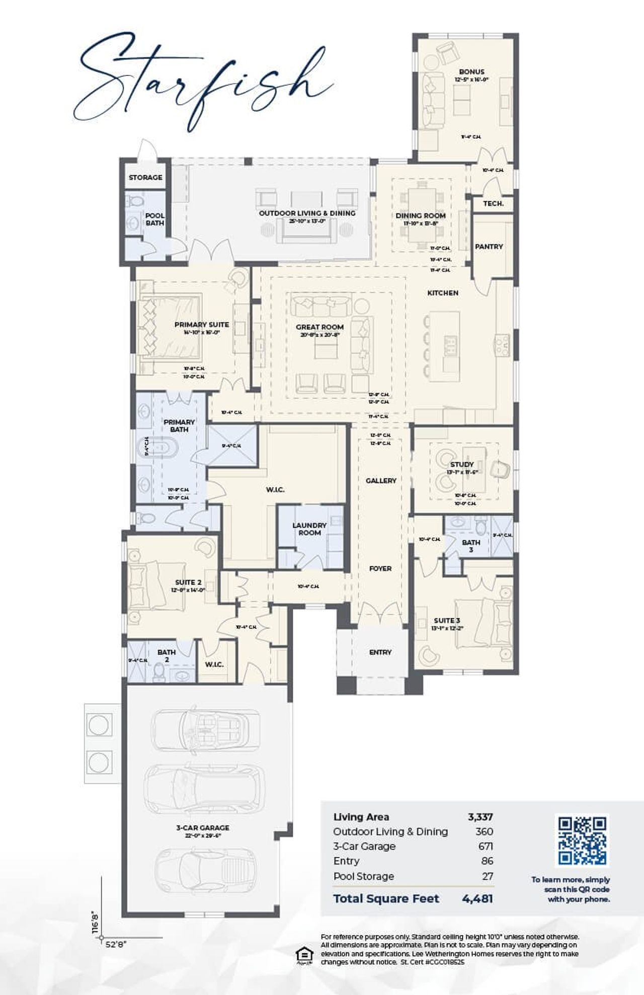 2D floor plan layout for the Starfish by Lee Wetherington Homes in Shellstone at Waterside, Sarasota, FL (Image 2).