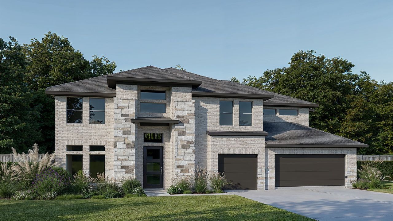 Representative exterior photo of a completed home built from the 4773W by Perry Homes in The Woodlands Hills 75', Willis, TX (Image 2). Representative exterior photo of a completed home built from the 4773W by Perry Homes in The Woodlands Hills 75', Willis, TX (Image 2).