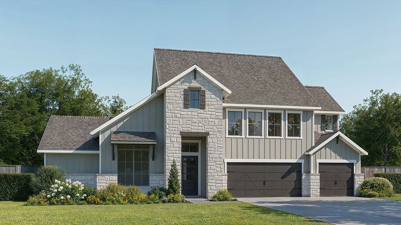 Representative exterior photo of a completed home built from the 4418B by Perry Homes in Fulshear Lakes 80', Fulshear, TX (Image 2). Representative exterior photo of a completed home built from the 4418B by Perry Homes in Fulshear Lakes 80', Fulshear, TX (Image 2).