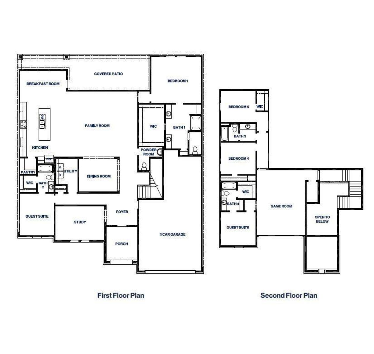Two-story floor plan illustrating the layout of the home, including open-concept living areas on the first floor, guest suite, study, formal dining, covered patio, and three-car garage. Second floor features multiple bedrooms, full baths, and a spacious game room
