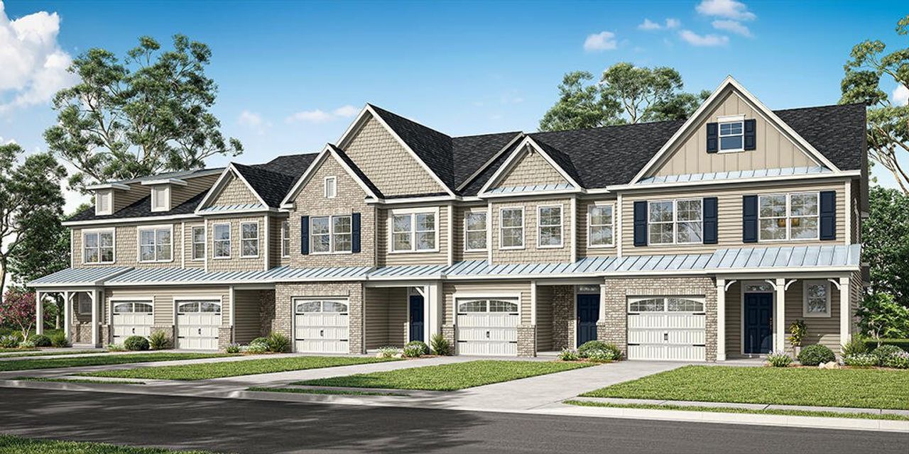 Front exterior of a new home in Lake Carolina Townhomes, Columbia, SC, highlighting curb appeal (Image 2). Front exterior of a new home in Lake Carolina Townhomes, Columbia, SC, highlighting curb appeal (Image 2).
