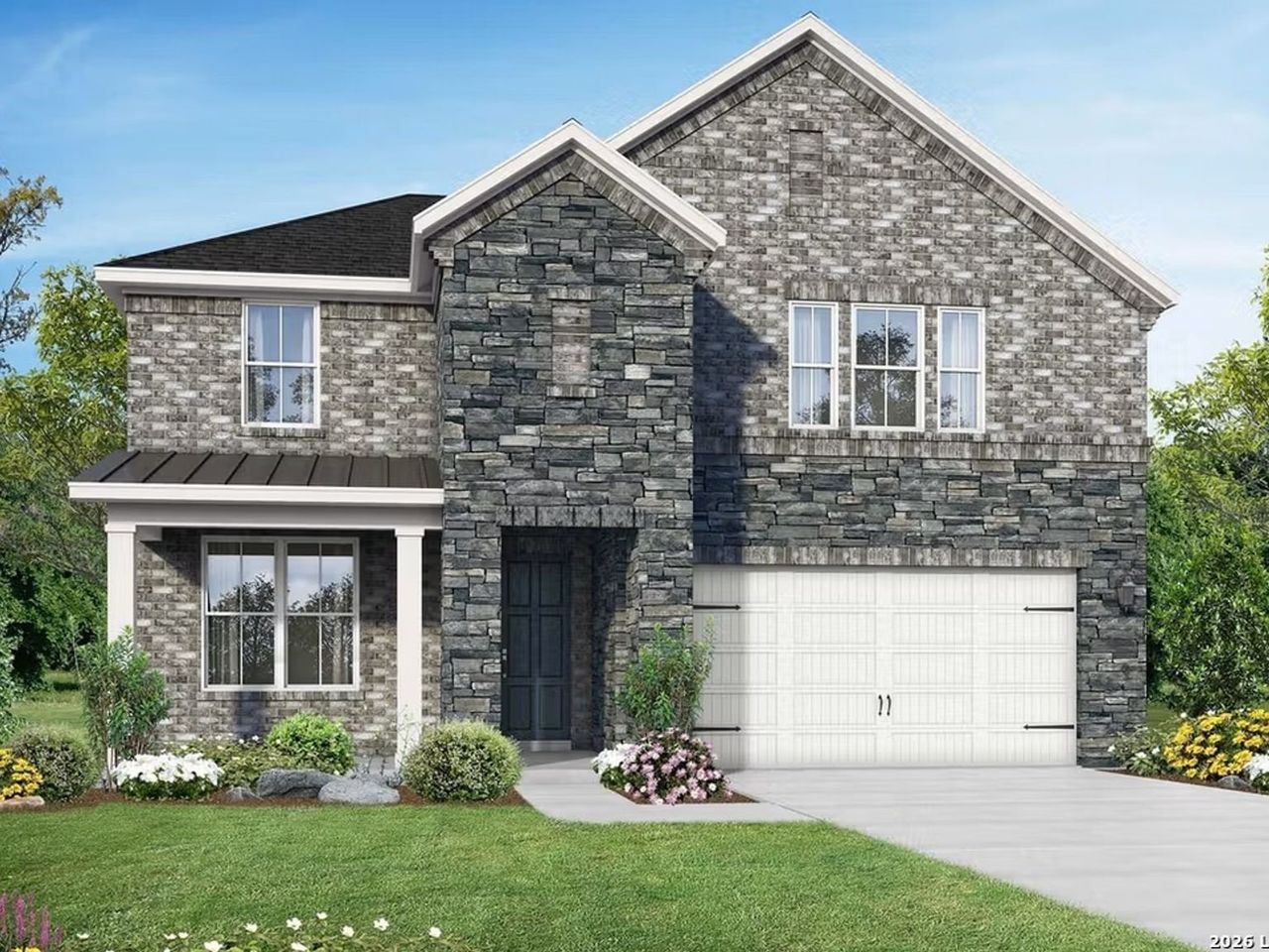 Front exterior of a new home in Horizon Pointe, Converse, TX, highlighting curb appeal (Image 2). Front exterior of a new home in Horizon Pointe, Converse, TX, highlighting curb appeal (Image 2).