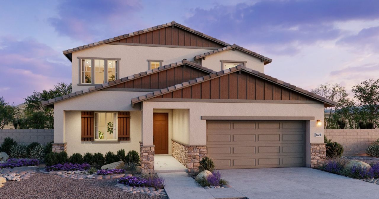 Representative exterior photo of a completed home built from the Plan 4004 by New Home Co. in The Residences Collection at Copper Falls, Buckeye, AZ (Image 2).