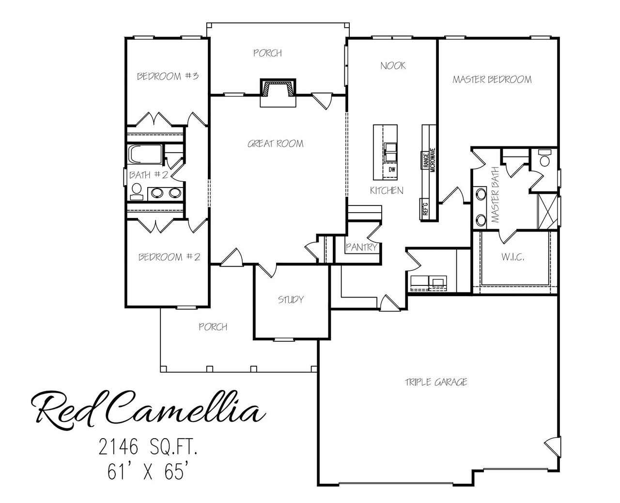 2D floor plan layout for the The Red Camellia by Watermark Homes in South Creek, Fuquay Varina, NC (Image 2).
