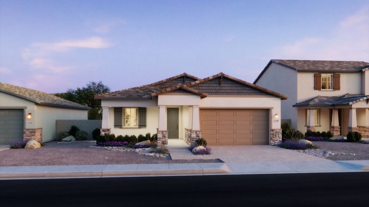 Representative exterior photo of a completed home built from the Plan 4002 by New Home Co. in The Estates at North Creek, Queen Creek, AZ (Image 2). Representative exterior photo of a completed home built from the Plan 4002 by New Home Co. in The Estates at North Creek, Queen Creek, AZ (Image 2).