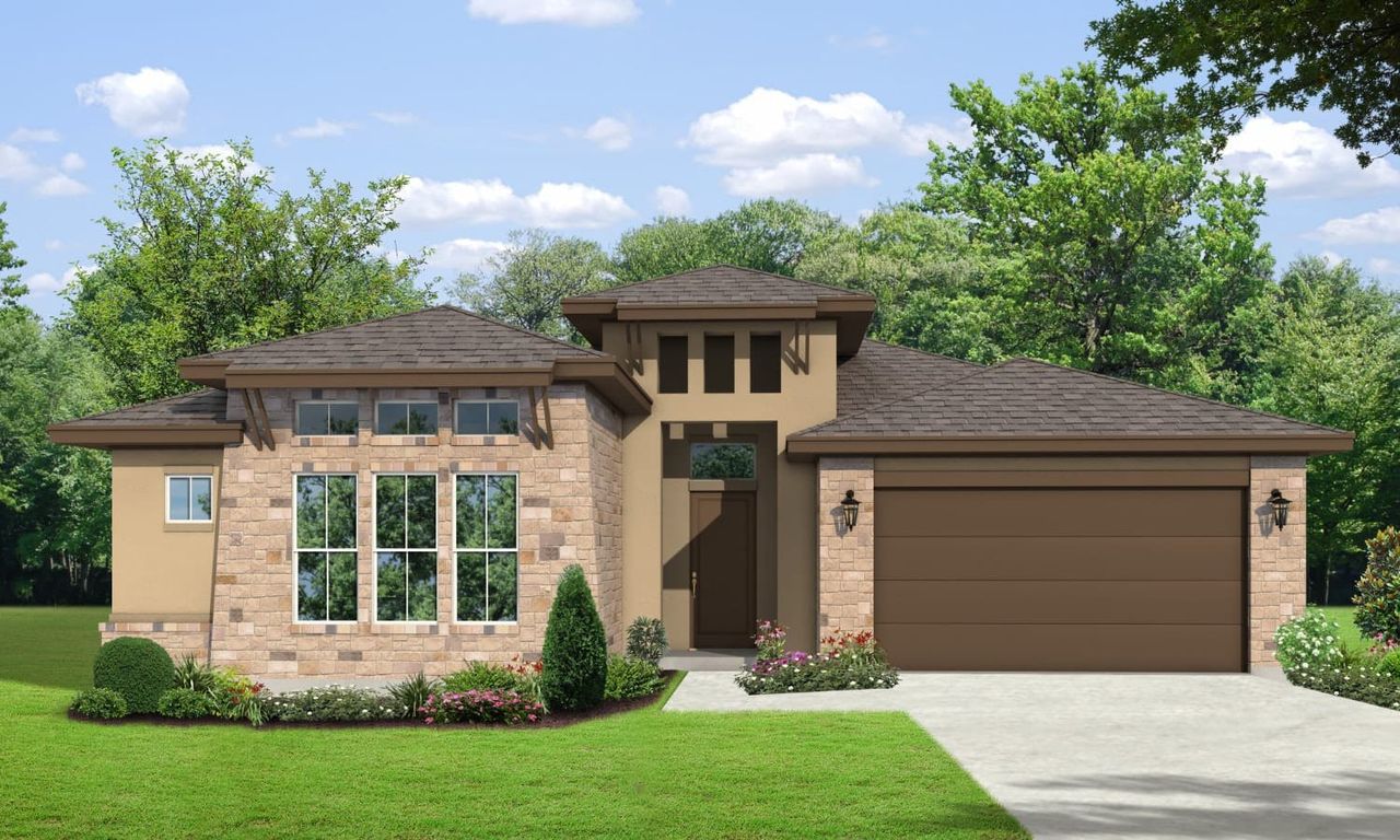 Representative exterior photo of a completed home built from the Seneca by Sitterle Homes in El Sonido at Campanas, San Antonio, TX (Image 2). Representative exterior photo of a completed home built from the Seneca by Sitterle Homes in El Sonido at Campanas, San Antonio, TX (Image 2).