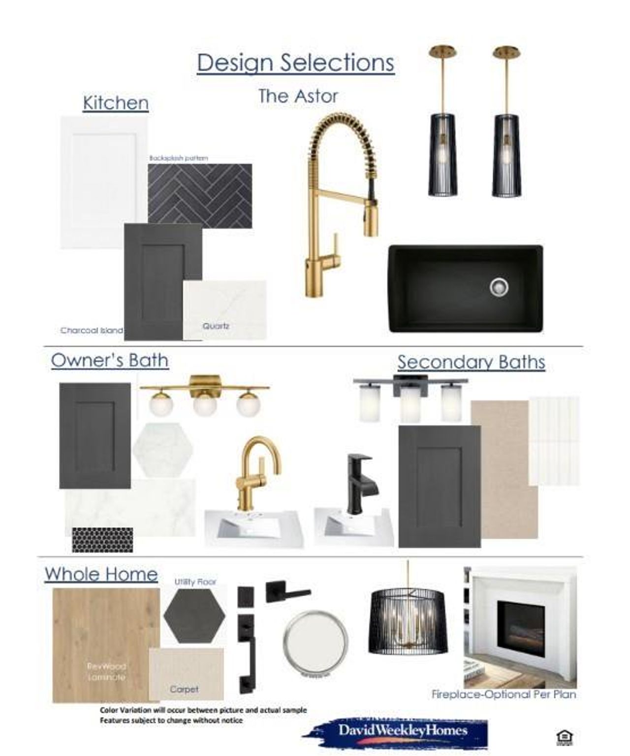 Design Selections, The Astor. Presenting material and fixture options for various areas of the property Design Selections, The Astor. Presenting material and fixture options for various areas of the property