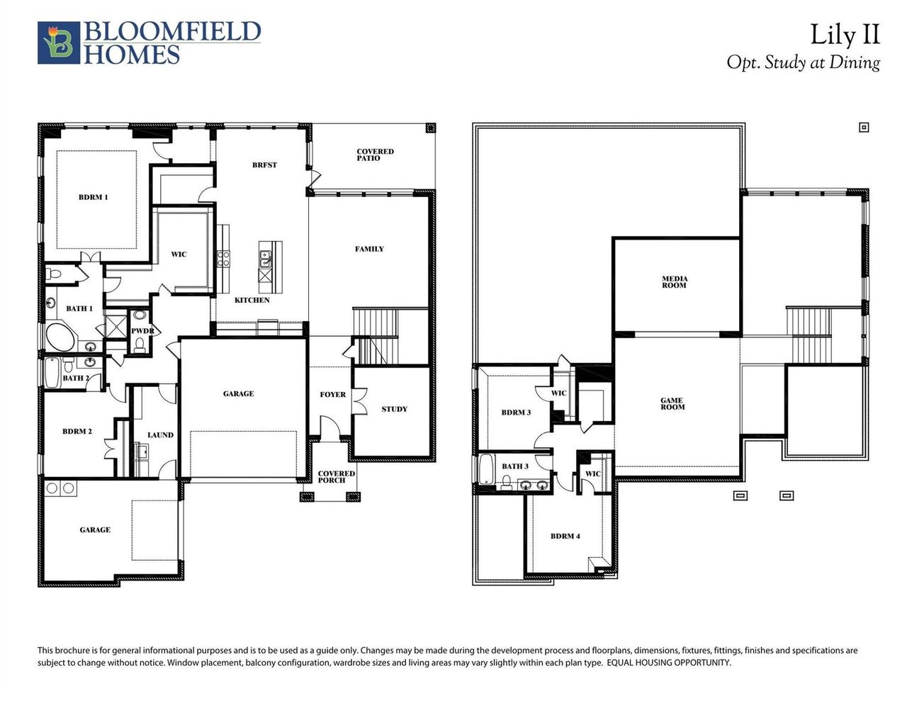 Bloomfield Homes Lily II two-story floor plan with four bedrooms, game room, media room, and optional study at dining. Bloomfield Homes Lily II two-story floor plan with four bedrooms, game room, media room, and optional study at dining.