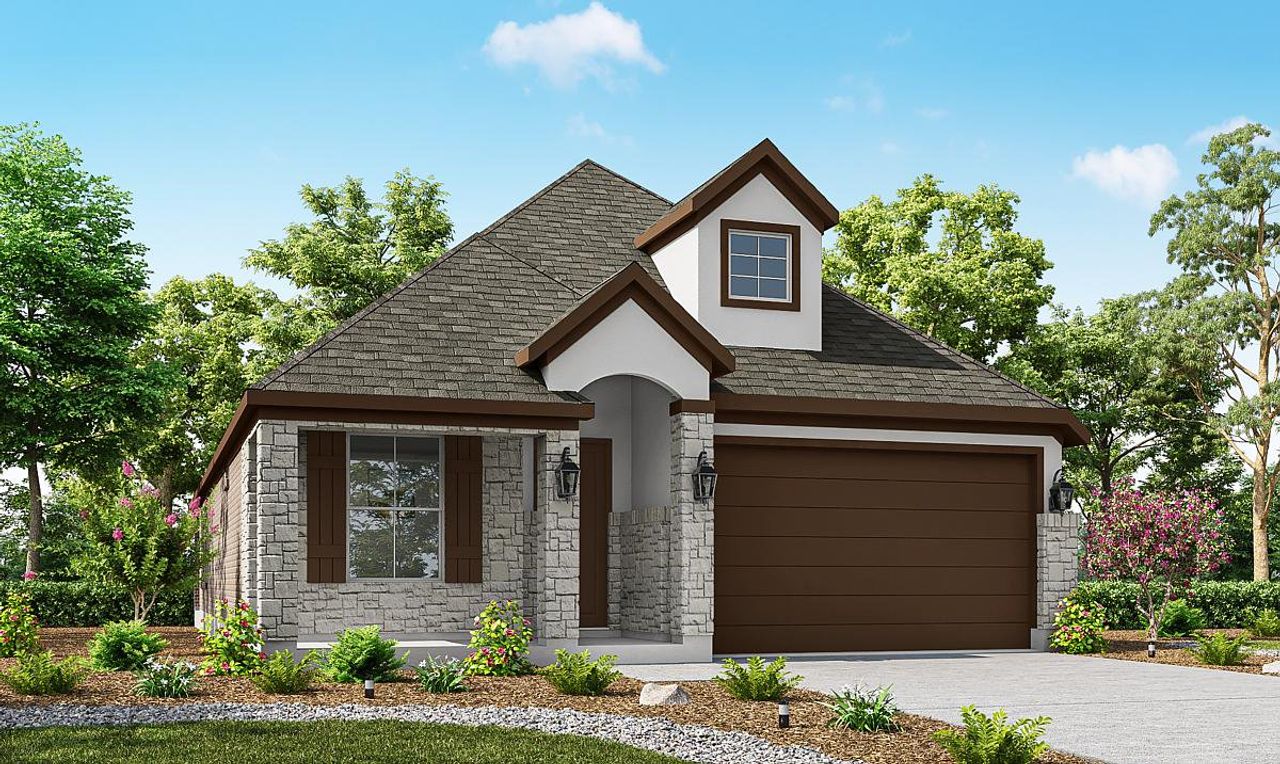 Representative exterior photo of a completed home built from the Texas Paintbrush by Caldwell Homes in The Highlands, Porter, TX (Image 2). Representative exterior photo of a completed home built from the Texas Paintbrush by Caldwell Homes in The Highlands, Porter, TX (Image 2).