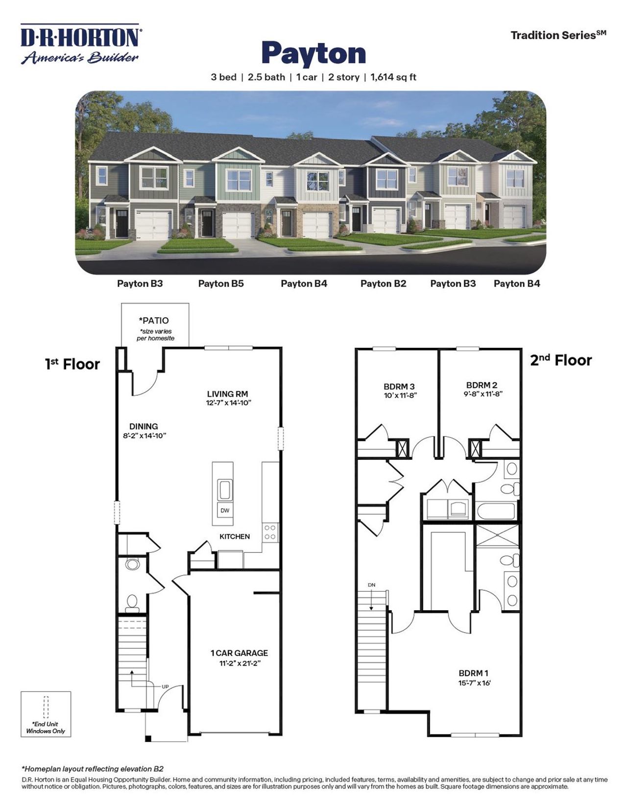 2D floor plan layout for the Payton by D.R. Horton in The Townes at Bexford, Willow Spring, NC (Image 2).