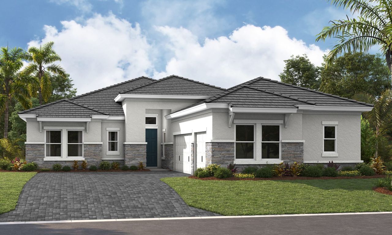 Representative exterior photo of a completed home built from the Sand Key I by Homes by WestBay in Longleaf at Grand Park, Sarasota, FL (Image 2).