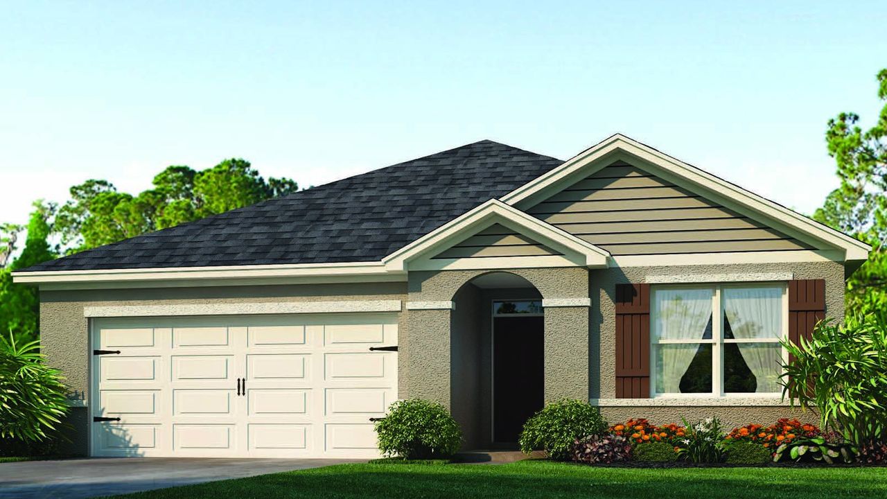Front exterior of a new home in Lake Deer Estates, Poinciana, FL, highlighting curb appeal (Image 2). Front exterior of a new home in Lake Deer Estates, Poinciana, FL, highlighting curb appeal (Image 2).
