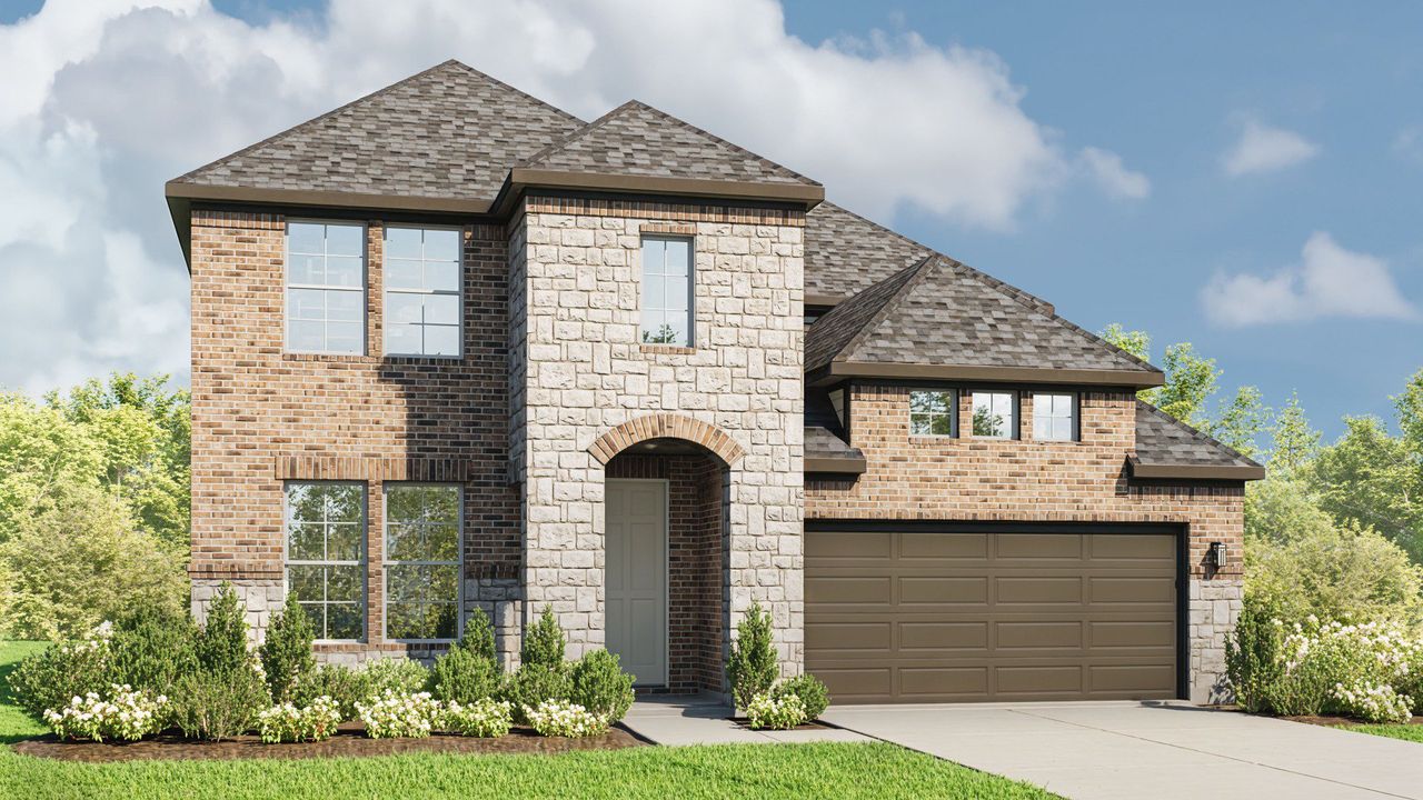 Representative exterior photo of a completed home built from the Elm by DRB Homes in Wildflower Ranch, Fort Worth, TX (Image 2). Representative exterior photo of a completed home built from the Elm by DRB Homes in Wildflower Ranch, Fort Worth, TX (Image 2).