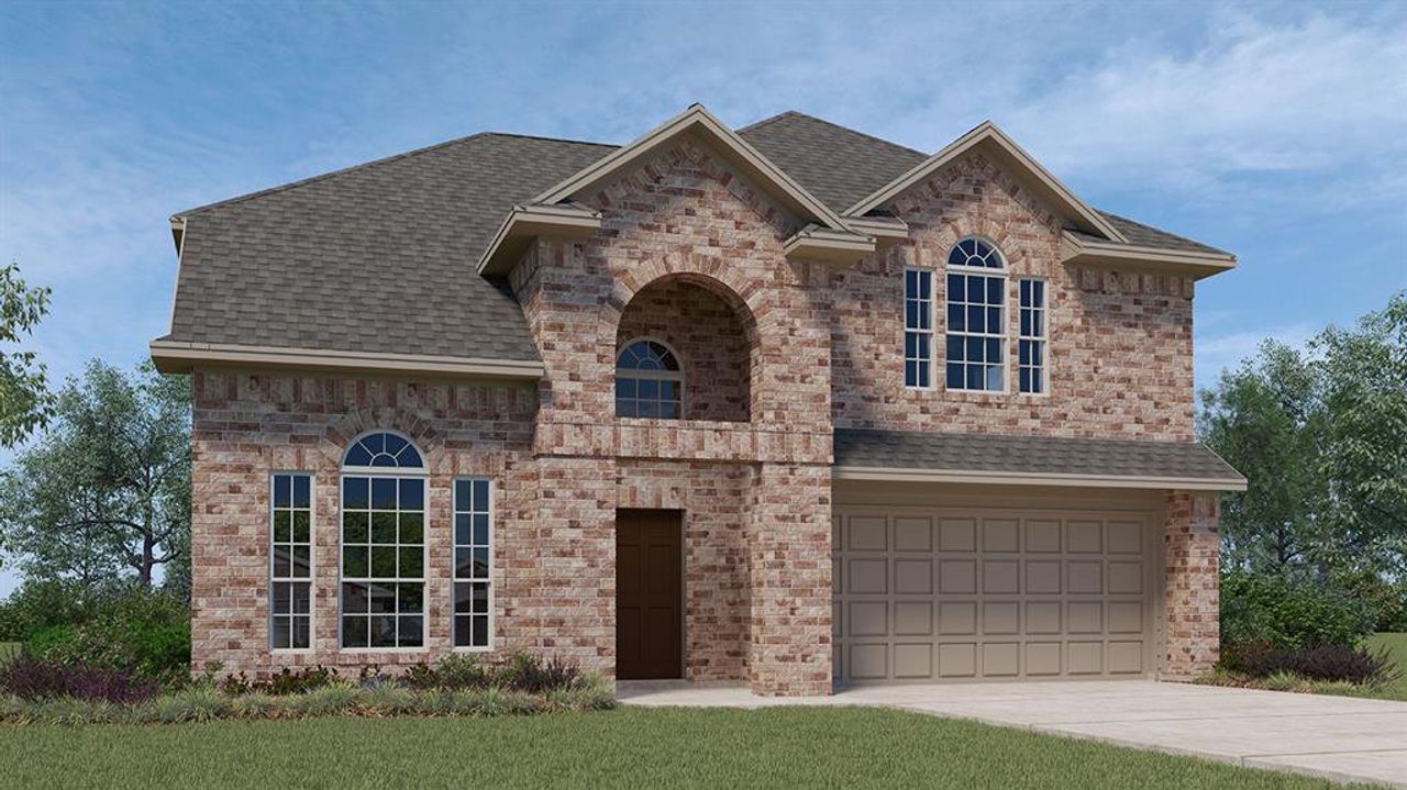 Front exterior of a new home in Woodcreek, Fate, TX, highlighting curb appeal (Image 2).
