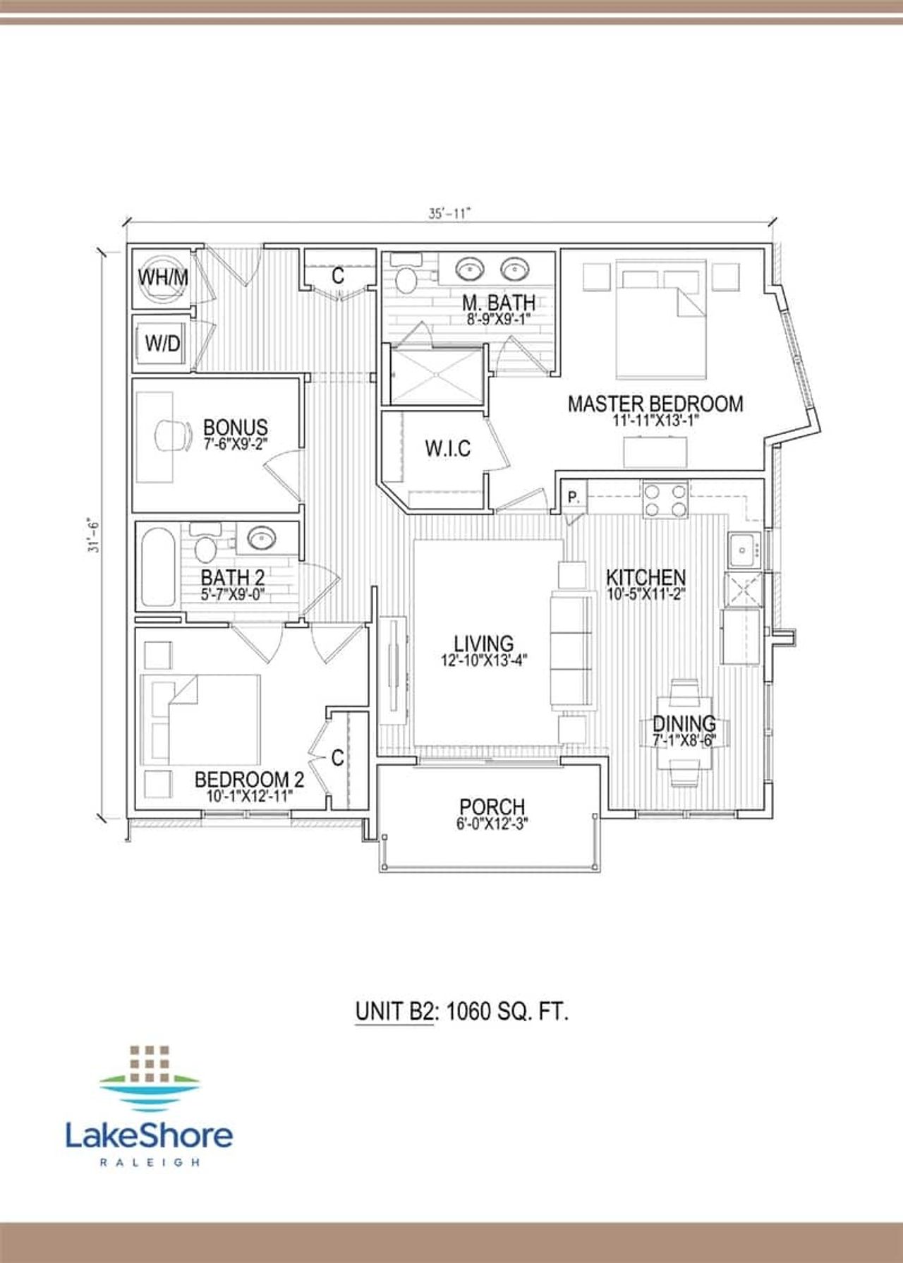2D floor plan layout for the Three bedroom by Holden Barnett in LakeShore Raleigh, Raleigh, NC (Image 2).