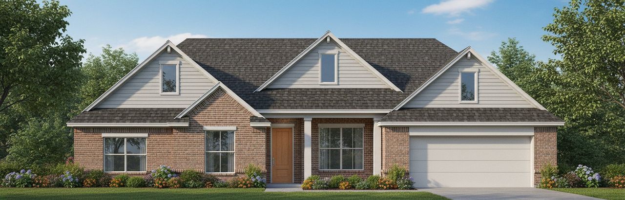 Representative exterior photo of a completed home built from the The Lilac by Kenmark Homes in Coyote Crossing, Godley, TX (Image 2). Representative exterior photo of a completed home built from the The Lilac by Kenmark Homes in Coyote Crossing, Godley, TX (Image 2).