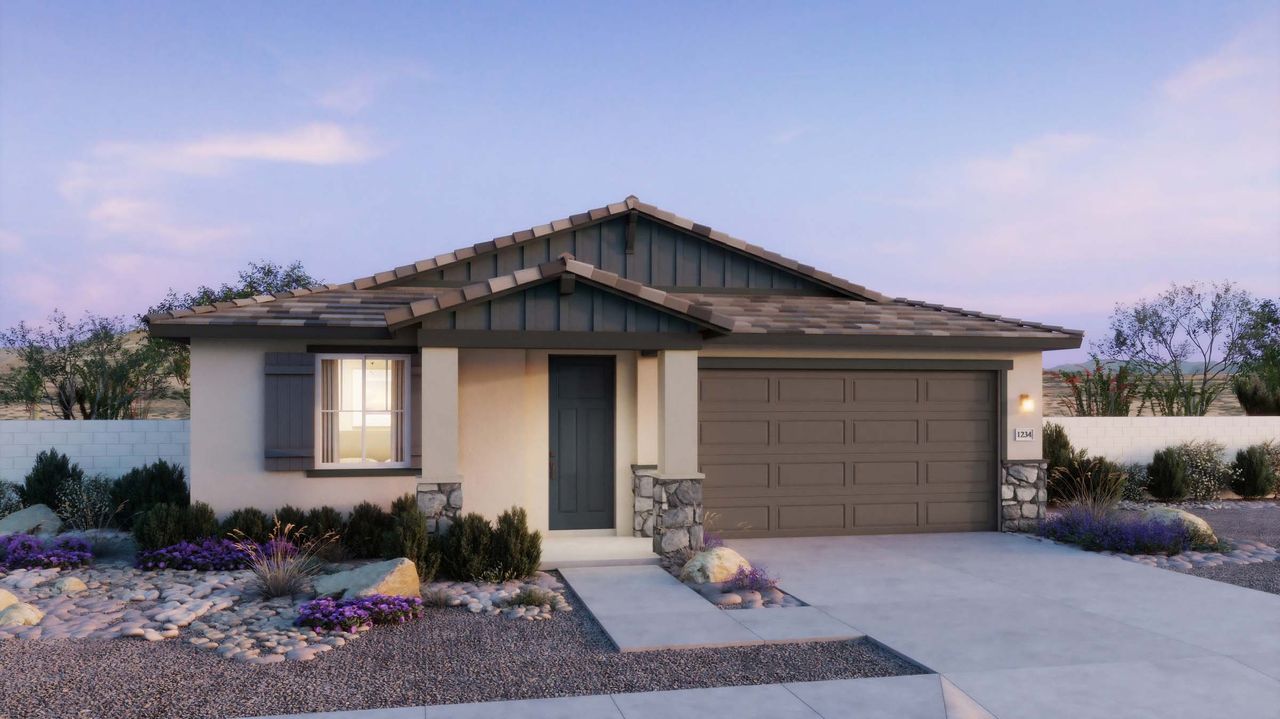 Representative exterior photo of a completed home built from the Plan 4001 by New Home Co. in Windstone Ranch North, Surprise, AZ (Image 2). Representative exterior photo of a completed home built from the Plan 4001 by New Home Co. in Windstone Ranch North, Surprise, AZ (Image 2).