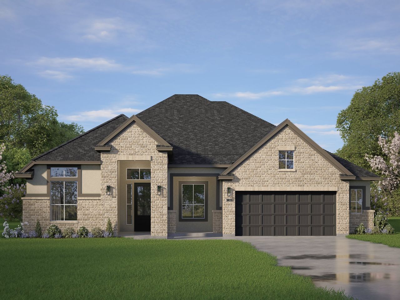 Front exterior of a new home in Riceland, Mont Belvieu, TX, highlighting curb appeal (Image 2). Front exterior of a new home in Riceland, Mont Belvieu, TX, highlighting curb appeal (Image 2).