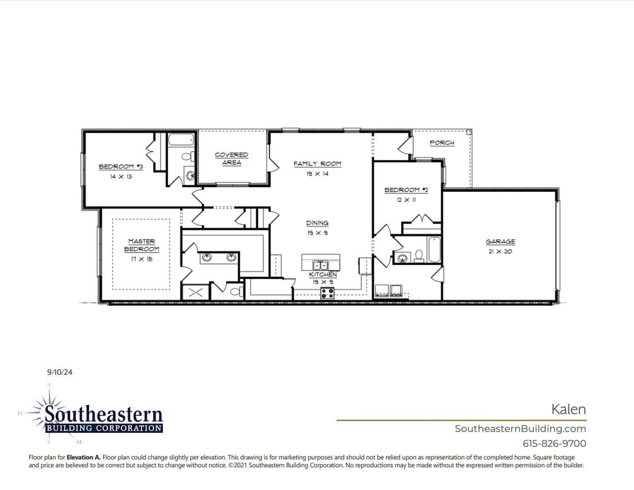 2D floor plan layout for the Kalen by Southeastern Building Corporation in The Paddock Courtyard, Bungalow, & Villa Homes, Gallatin, TN (Image 2).
