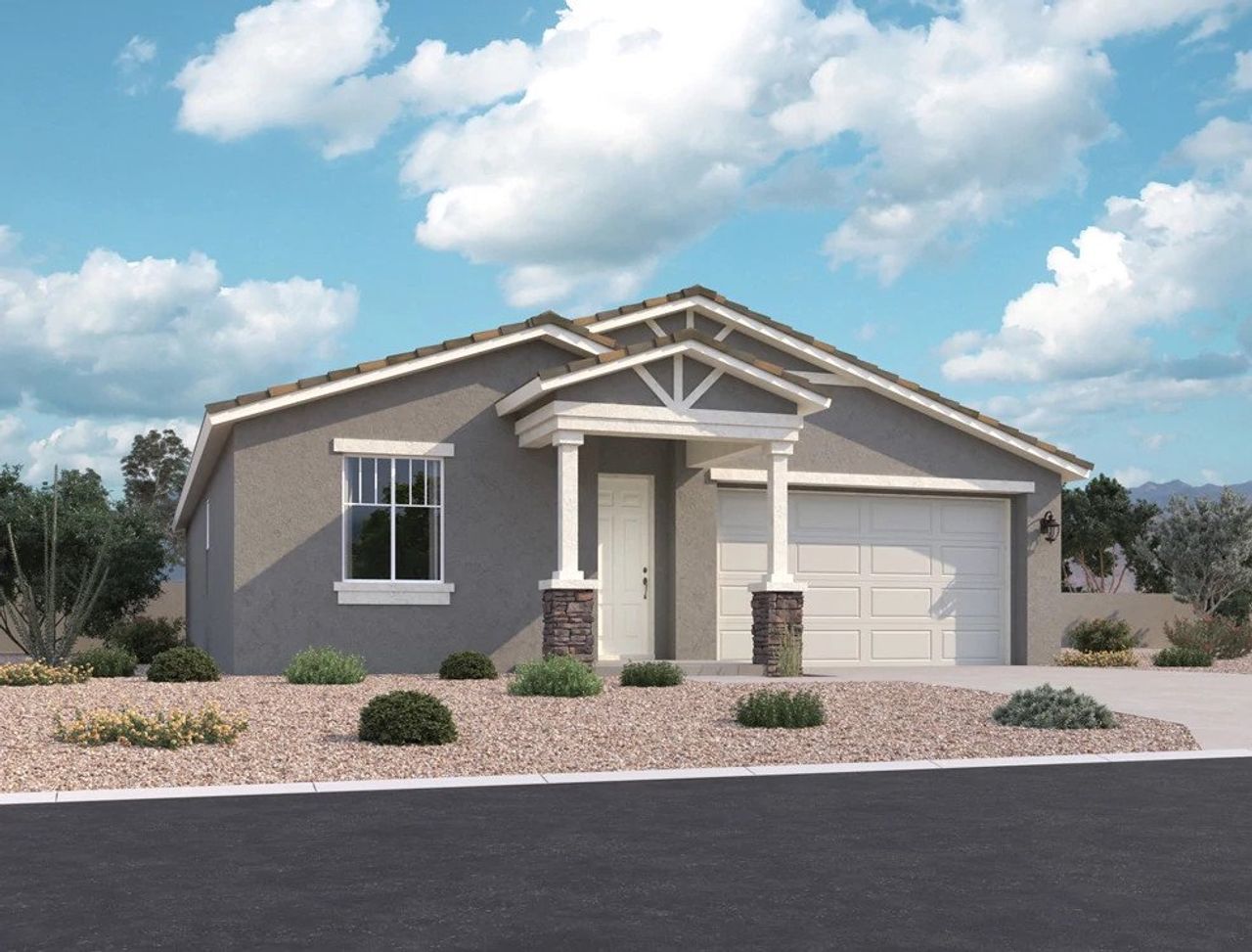 Representative exterior photo of a completed home built from the Violet by Ashton Woods in Retreat at Stonebridge Manor, Waddell, AZ (Image 2). Representative exterior photo of a completed home built from the Violet by Ashton Woods in Retreat at Stonebridge Manor, Waddell, AZ (Image 2).