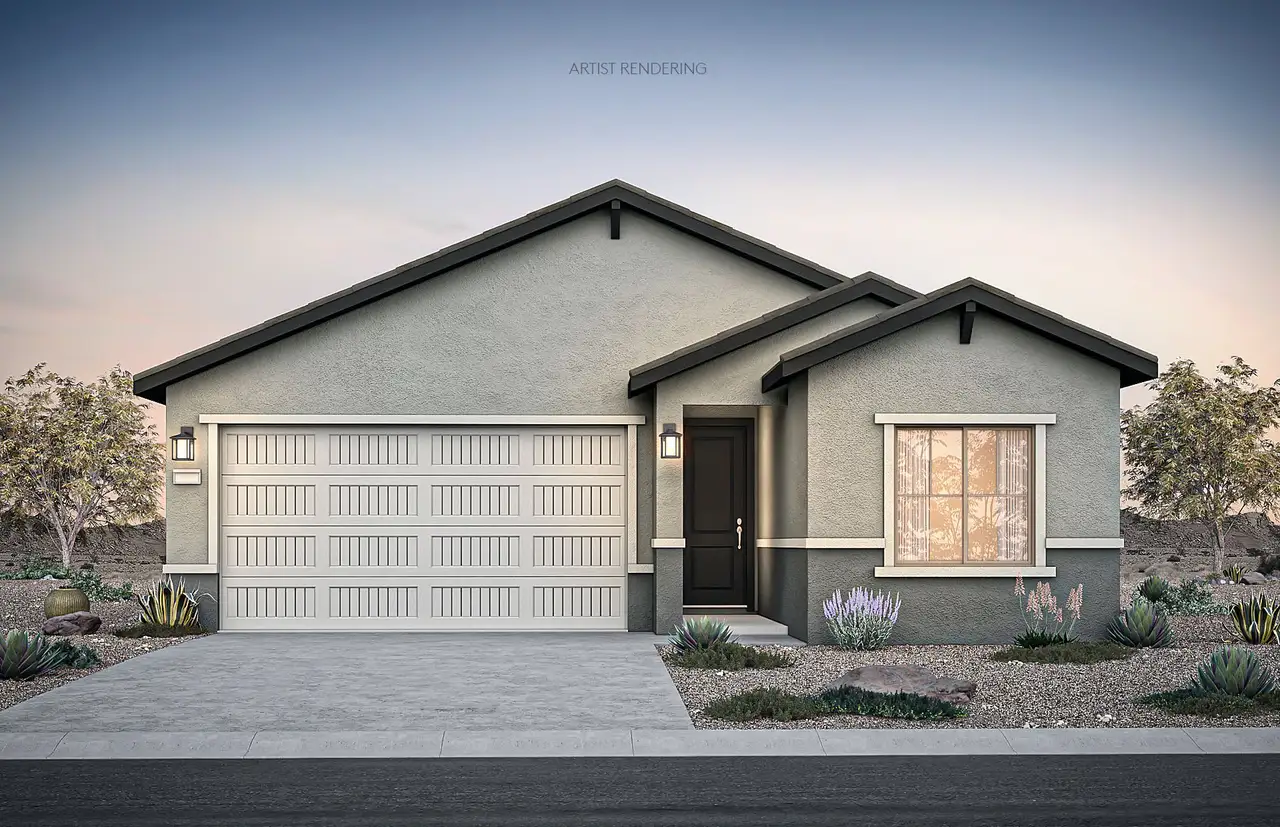 Front exterior of a new home in Hayden Estates, Buckeye, AZ, highlighting curb appeal (Image 2). Front exterior of a new home in Hayden Estates, Buckeye, AZ, highlighting curb appeal (Image 2).