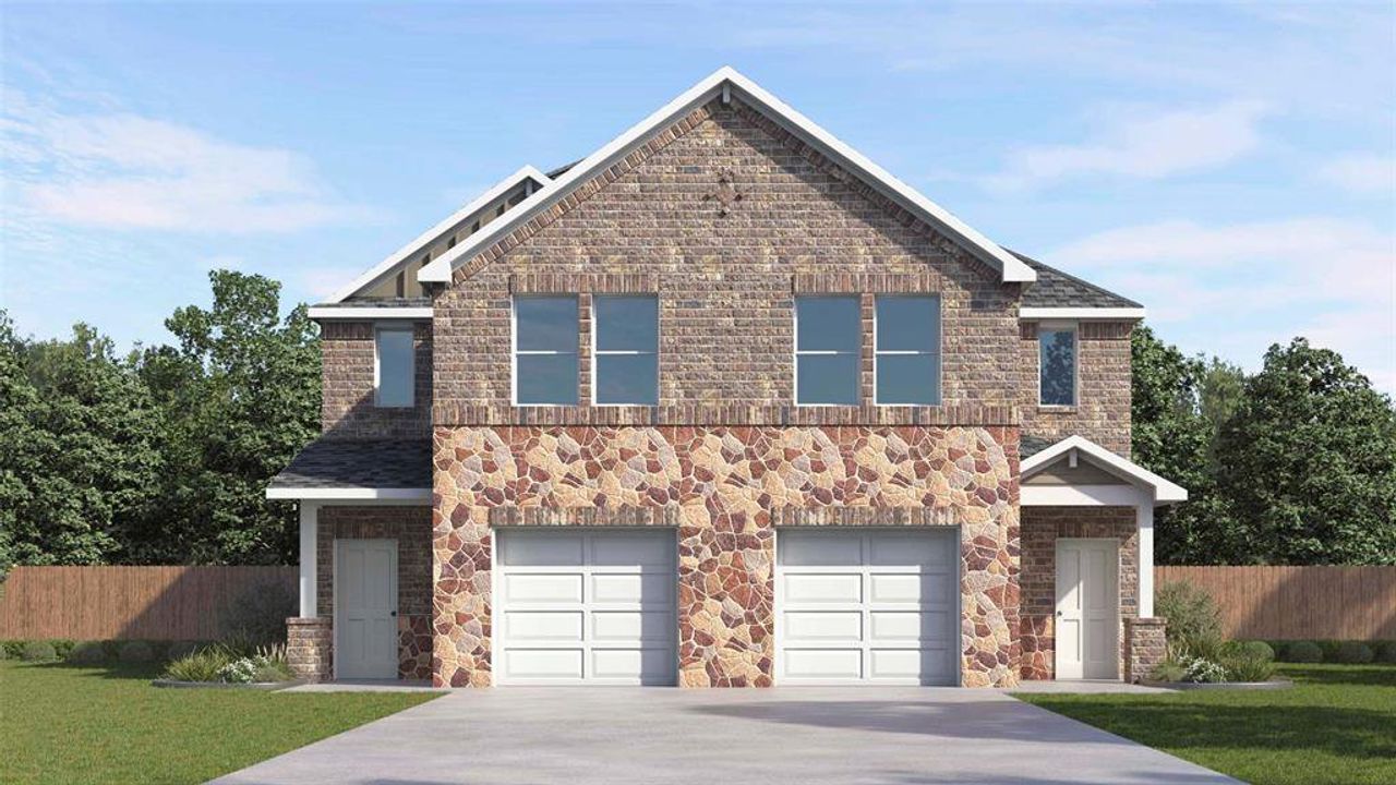 Duplex exterior featuring a dual-tone stone and brick facade