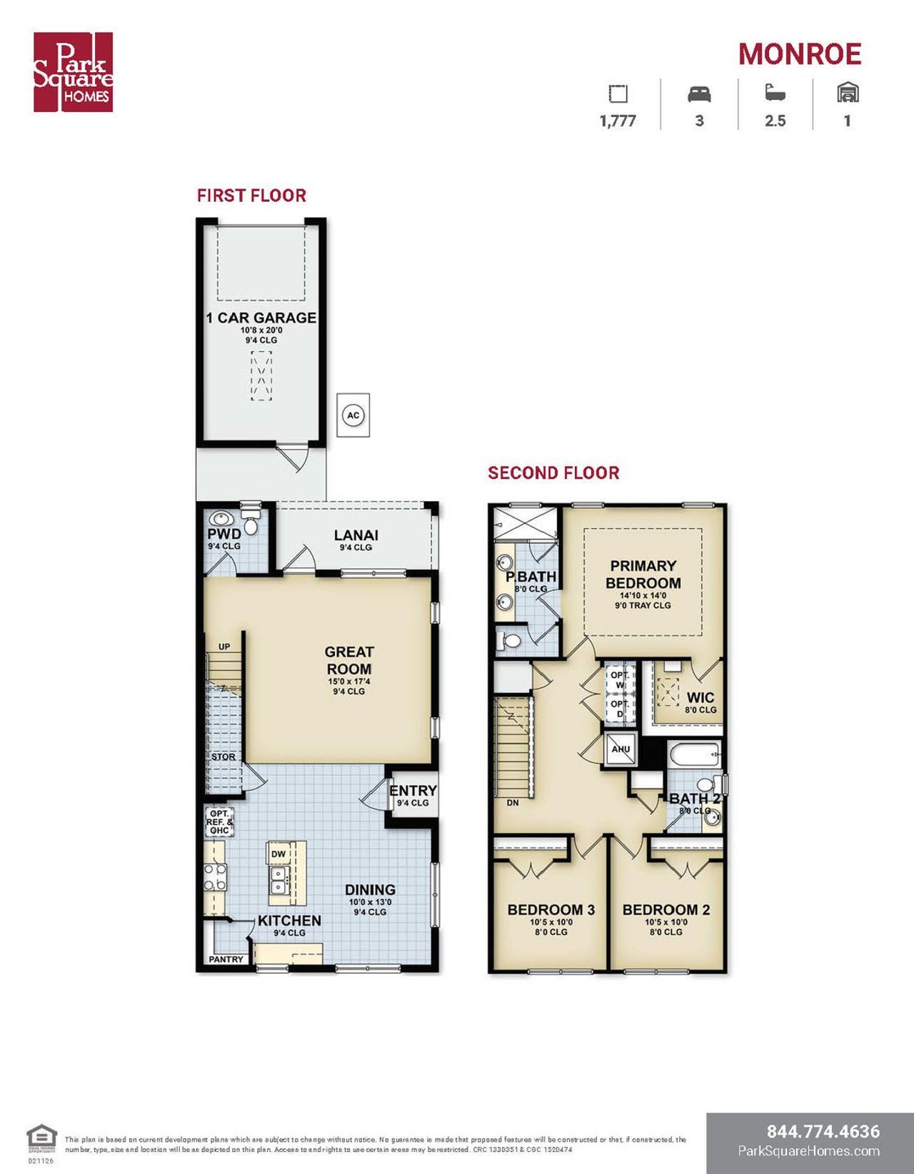 2D floor plan layout for the Monroe by Park Square Residential in Townwalk at Babcock Ranch, Punta Gorda, FL (Image 2).