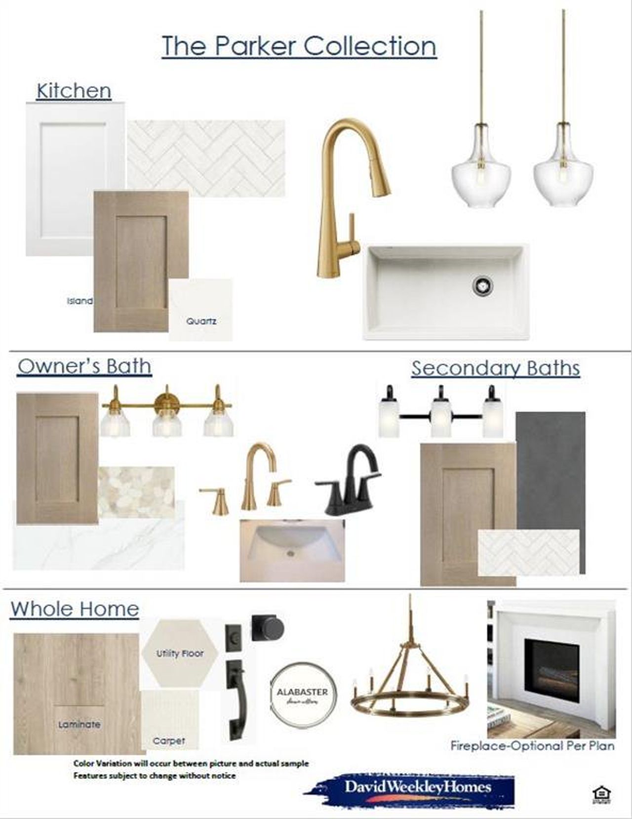 Design Selections Document. Illustrating material and fixture options for various areas of the property