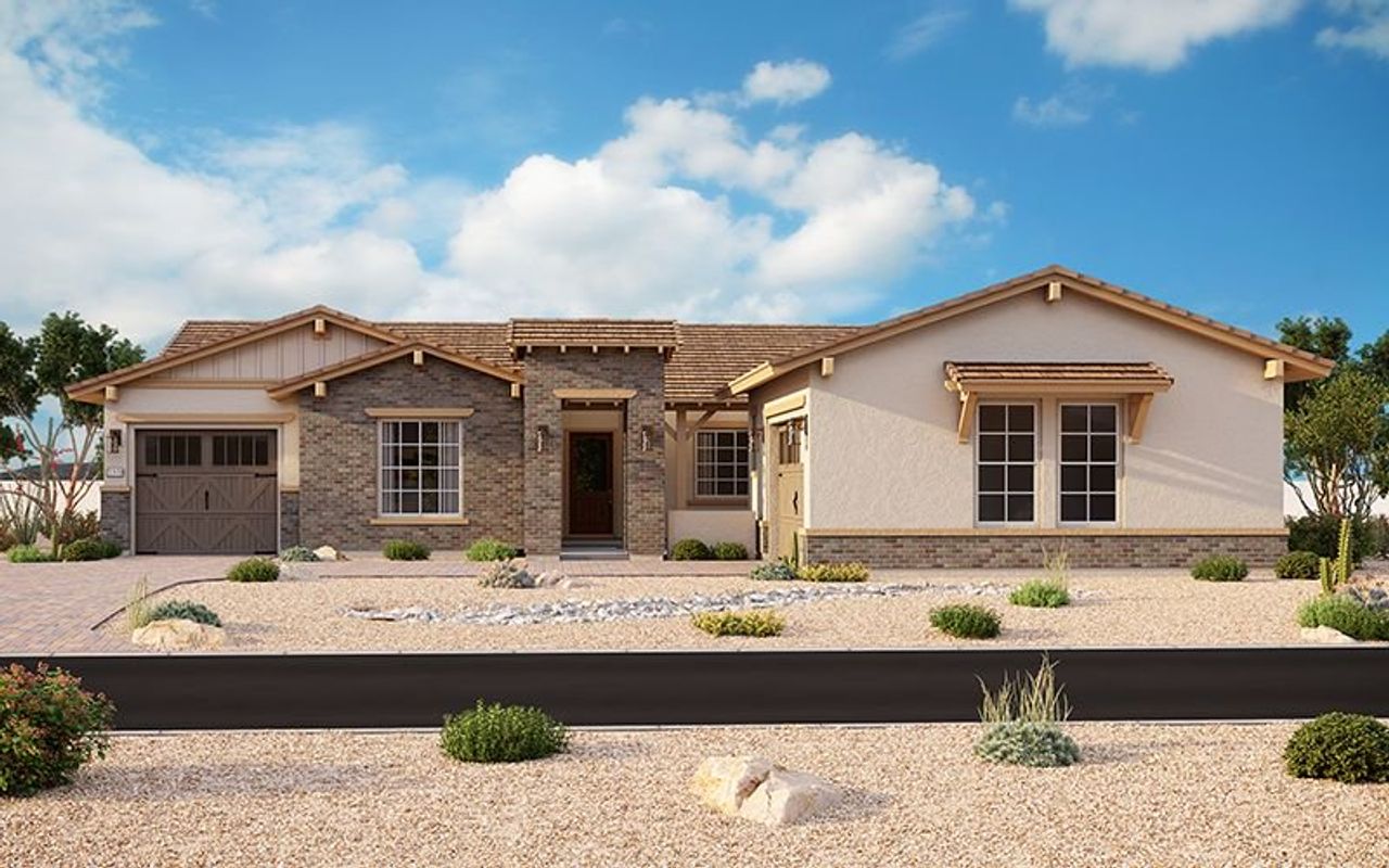 Front exterior of a new home in Bellero Estates, Queen Creek, AZ, highlighting curb appeal (Image 2).