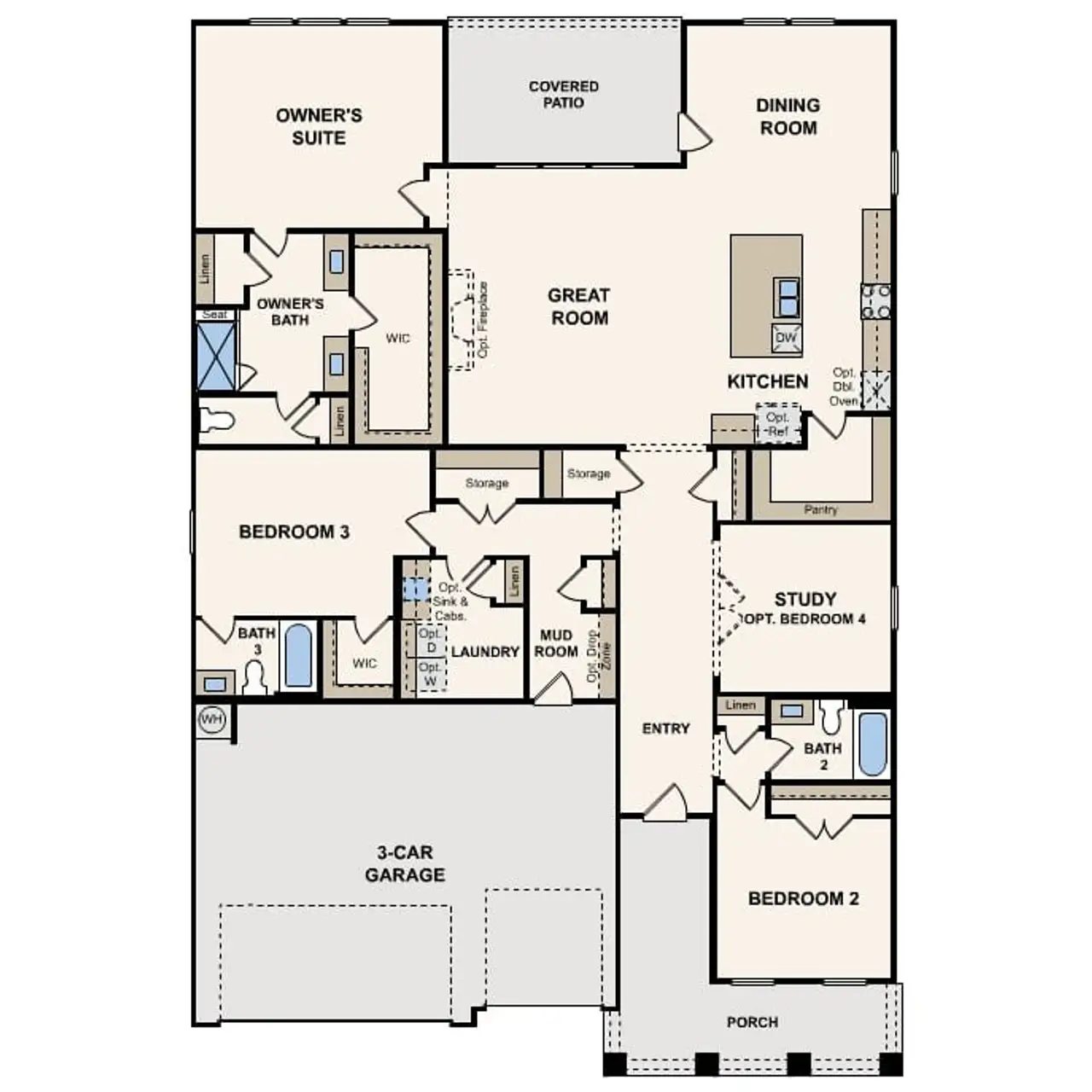 2D floor plan layout for the Everglade by Century Communities in Crosswinds, Niederwald, TX (Image 2).