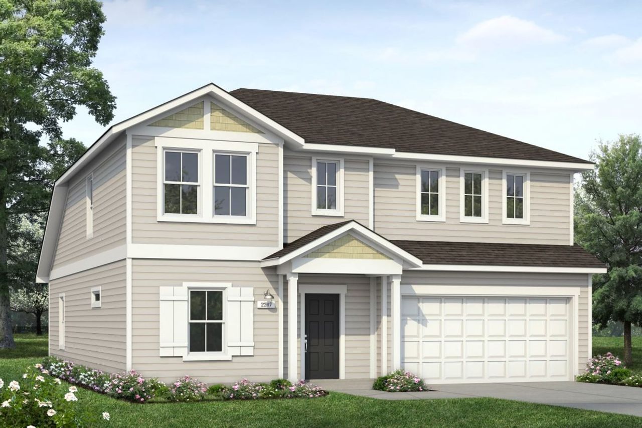Representative exterior photo of a completed home built from the Durango 2247 by Brohn Homes in Durango, Mustang Ridge, TX (Image 2). Representative exterior photo of a completed home built from the Durango 2247 by Brohn Homes in Durango, Mustang Ridge, TX (Image 2).