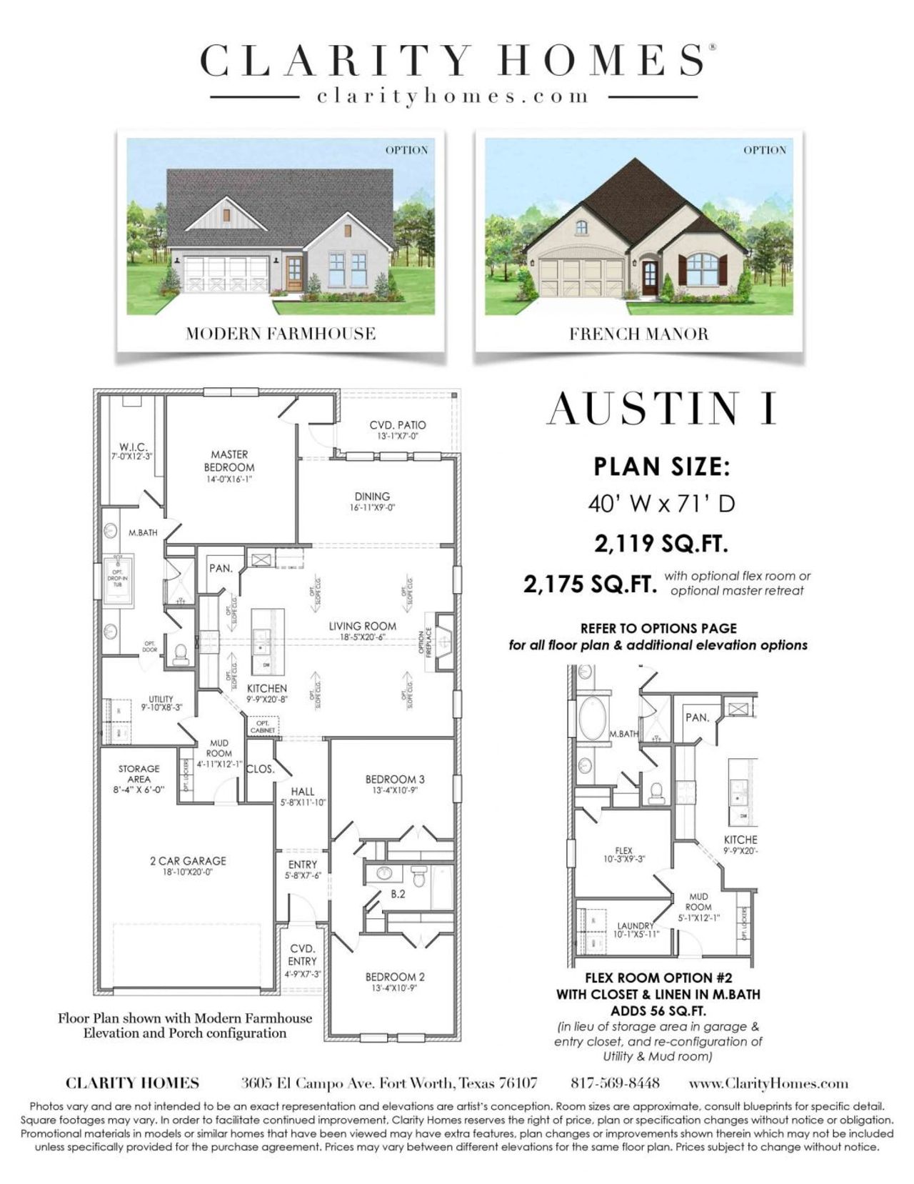 2D floor plan layout for the Austin I by Clarity Homes in The Lakes At Park Of Aledo, Aledo, TX (Image 2).