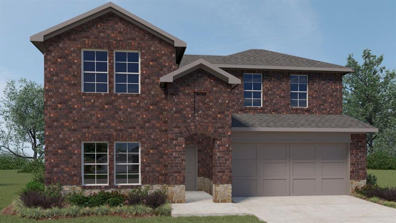 Front exterior of a new home in Fireside by the Lake, Garland, TX, highlighting curb appeal (Image 2). Front exterior of a new home in Fireside by the Lake, Garland, TX, highlighting curb appeal (Image 2).