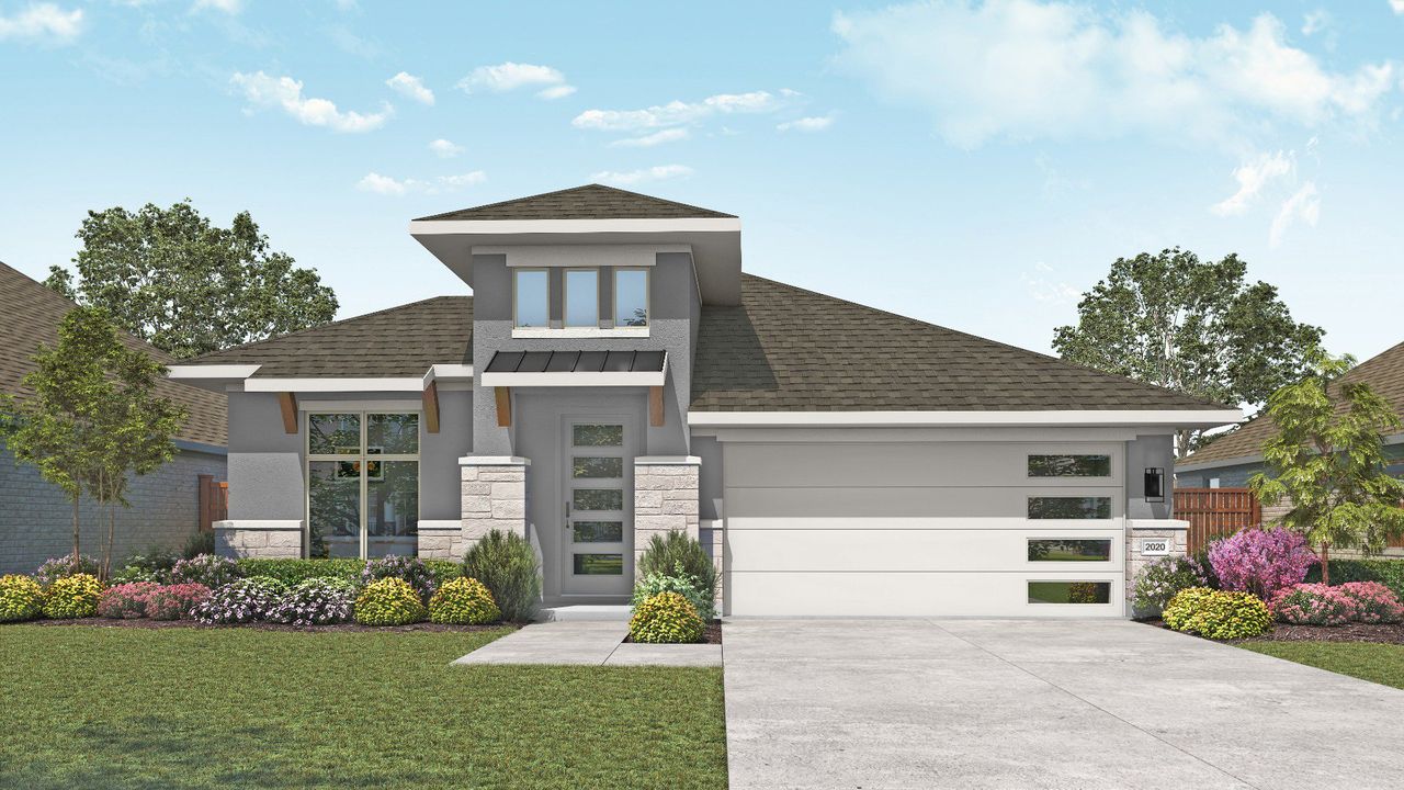Representative exterior photo of a completed home built from the Laurel by DRB Homes in Devine Landing, Leander, TX (Image 2). Representative exterior photo of a completed home built from the Laurel by DRB Homes in Devine Landing, Leander, TX (Image 2).