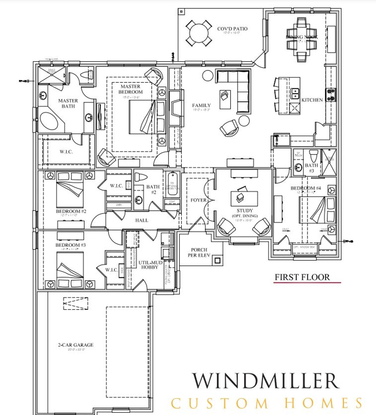 2D floor plan layout for the Davenport by Windmiller Custom Homes in Thomas Crossing, Burleson, TX (Image 2).