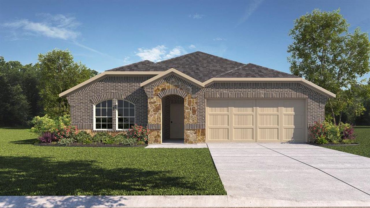 Front exterior of a new home in Madera, Royse City, TX, highlighting curb appeal (Image 2). Front exterior of a new home in Madera, Royse City, TX, highlighting curb appeal (Image 2).